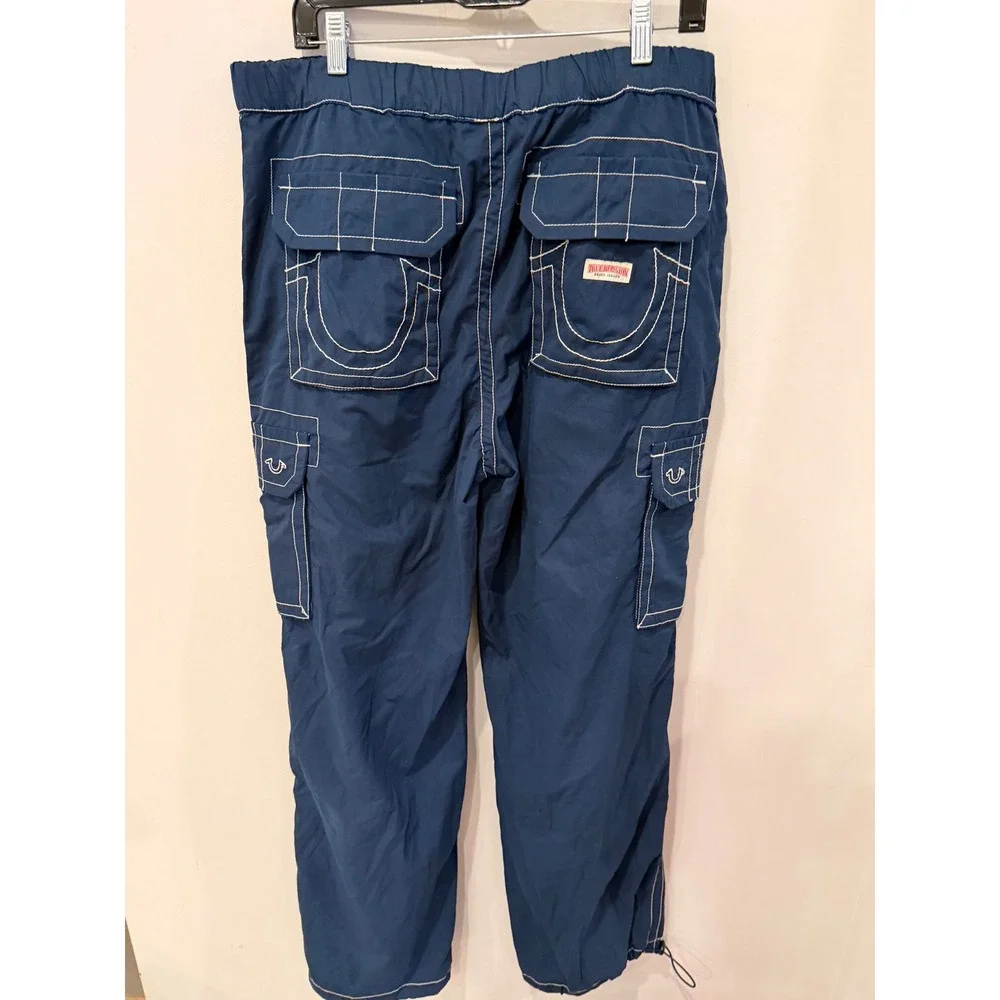 True Religion Bobbi Low Slung Baggy Cargo Pants Navy White Stitch Mens 34 NWOT